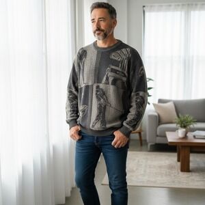 Shenandoah Vintage‎ Mens Golf Graphic Knit Sweater Black Gray Cotton USA Large